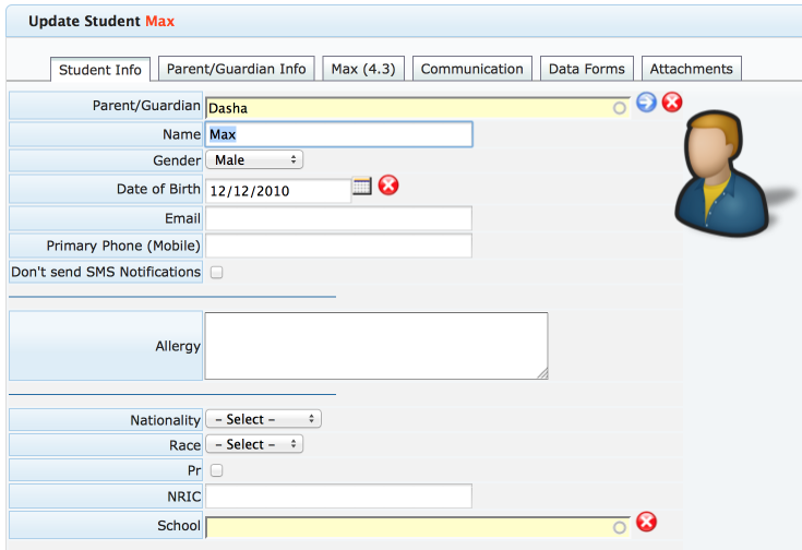 Screen showing student's CRM data